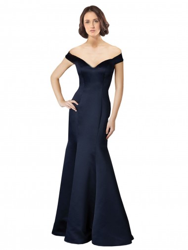 V-Neck Long Satin Dark Navy Cap Sleeves Prom Dress / Bridesmaid Dress Victoria