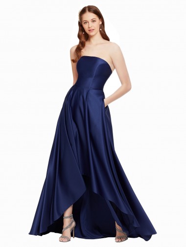 Strapless Long Satin Dark Navy Sleeveless High Low Evening Gown / Prom Dress / Bridesmaid Dress Victoria