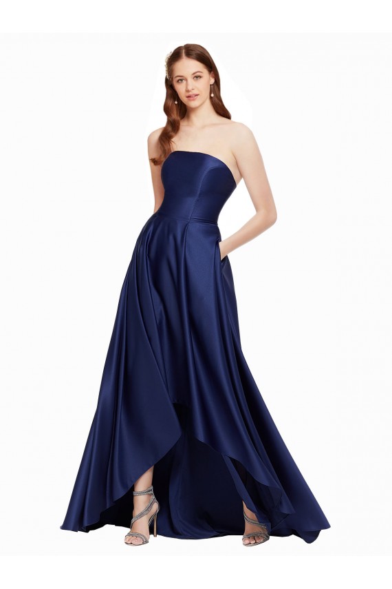 Strapless Long Satin Dark Navy Sleeveless High Low Evening Gown / Prom Dress / Bridesmaid Dress Victoria