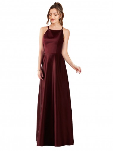 Halter Neck Long Satin Burgundy Gold Sleeveless Prom Dress / Bridesmaid Dress Victoria