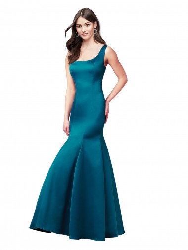 Bateau Neck Long Satin Peacock Blue Sleeveless Prom Dress / Bridesmaid Dress Victoria