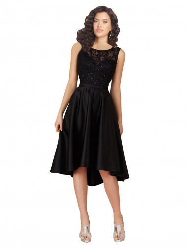 Illusion Neck Midi Length Satin & Lace Black Sleeveless High Low Bridesmaid Dress Victoria