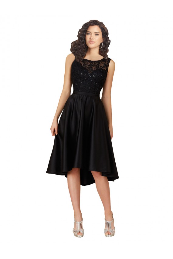Illusion Neck Midi Length Satin & Lace Black Sleeveless High Low Bridesmaid Dress Victoria