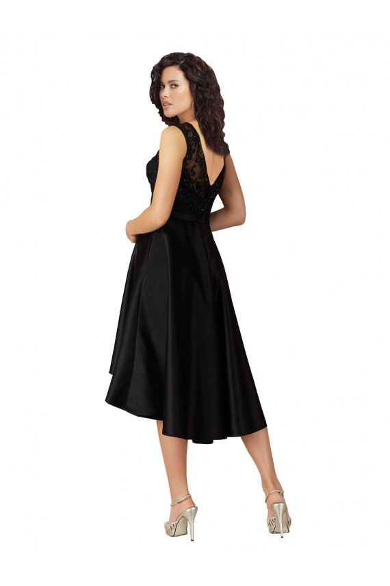 Illusion Neck Midi Length Satin & Lace Black Sleeveless High Low Bridesmaid Dress Victoria