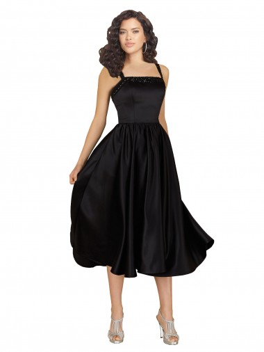 Square Neck Knee Length Satin Black Sleeveless Prom Dress / Bridesmaid Dress Victoria