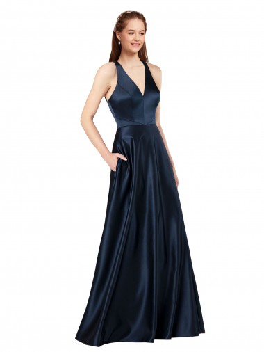V-Neck Long Satin Dark Navy Sleeveless Formal Evening Gown / Prom Dress / Bridesmaid Dress Victoria