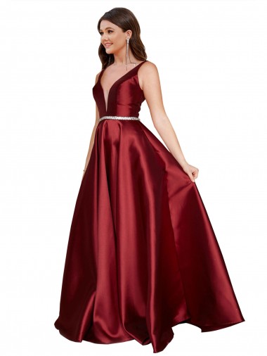 V-Neck Long Satin Burgundy Sleeveless Formal Plus Size Evening Gown / Prom Dress / Bridesmaid Dress Victoria