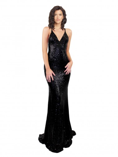 V-Neck Long Sequin Black Sleeveless Black Tie Evening Gown / Prom Dress / Bridesmaid Dress Victoria