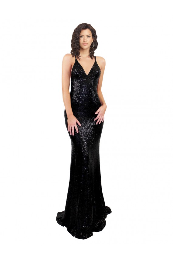V-Neck Long Sequin Black Sleeveless Black Tie Evening Gown / Prom Dress / Bridesmaid Dress Victoria