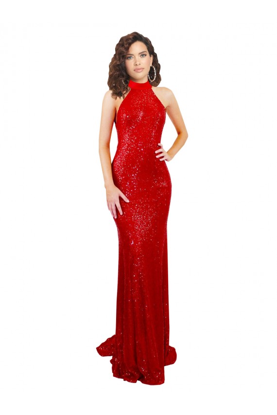 High Neck Long Sequin Red Sleeveless Formal Evening Gown / Prom Dress / Bridesmaid Dress Victoria