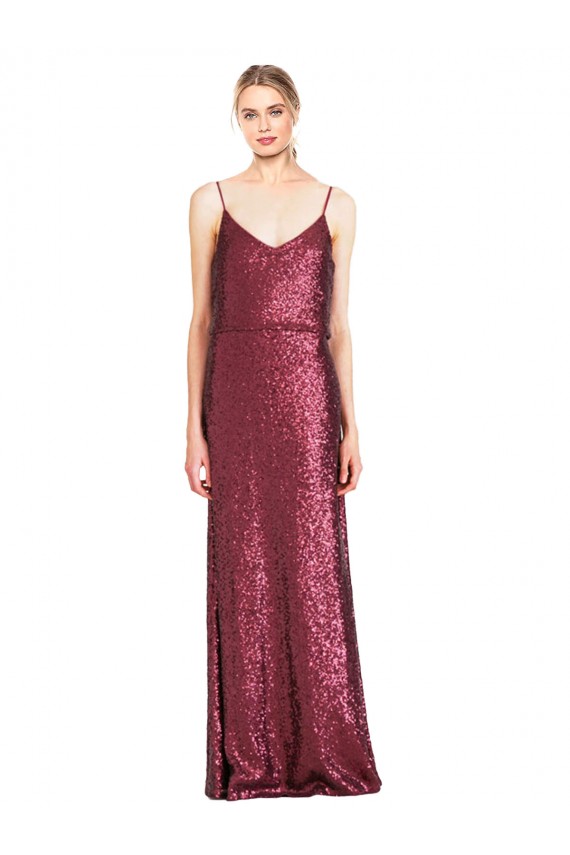 High Neck Long Sequin Burgundy A-Line Sleeveless Formal Evening Gown / Prom Dress / Bridesmaid Dress Victoria