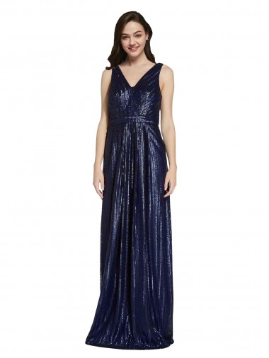 V-Neck Long Sequin Dark Navy Sheath Sleeveless Formal Evening Gown / Prom Dress / Bridesmaid Dress Victoria