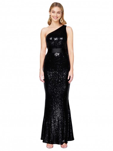 One Shoulder Long Sequin Black Sleeveless Formal Evening Gown / Prom Dress / Bridesmaid Dress Victoria