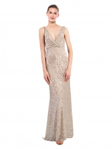 V-Neck Long Sequin & Sparkling Sequin Silver Sleeveless Formal Evening Gown / Prom Dress / Bridesmaid Dress Victoria