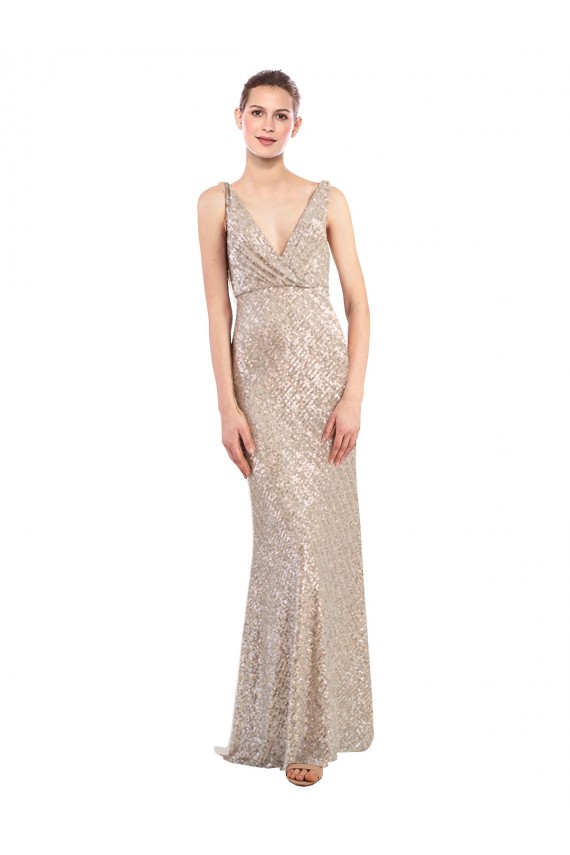 V-Neck Long Sequin & Sparkling Sequin Silver Sleeveless Formal Evening Gown / Prom Dress / Bridesmaid Dress Victoria