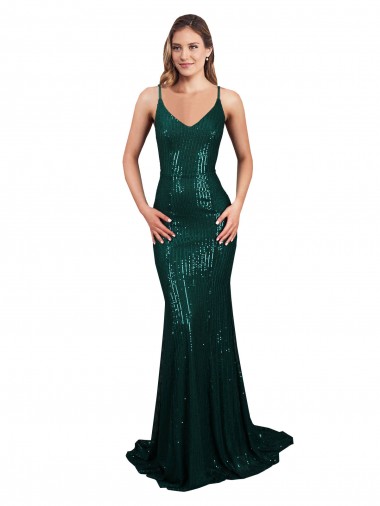 V-Neck Long Sequin Dark Green Mermaid Sleeveless Formal Evening Gown / Prom Dress / Bridesmaid Dress Victoria