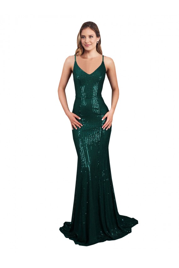 V-Neck Long Sequin Dark Green Mermaid Sleeveless Formal Evening Gown / Prom Dress / Bridesmaid Dress Victoria