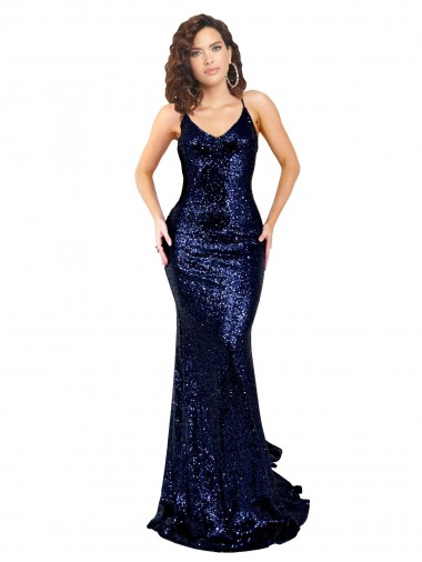 V-Neck Long Sequin Dark Navy Sleeveless Formal Evening Gown / Prom Dress / Bridesmaid Dress Victoria