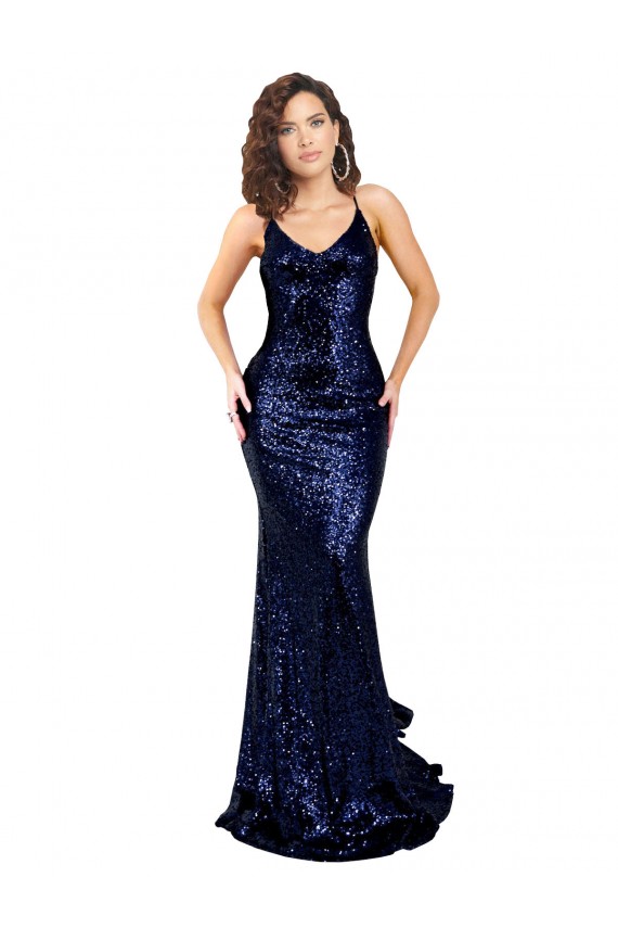 V-Neck Long Sequin Dark Navy Sleeveless Formal Evening Gown / Prom Dress / Bridesmaid Dress Victoria