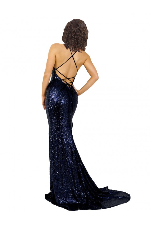 V-Neck Long Sequin Dark Navy Sleeveless Formal Evening Gown / Prom Dress / Bridesmaid Dress Victoria