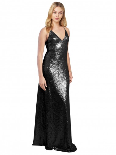 V-Neck Long Sequin Black Sleeveless Formal Evening Gown / Prom Dress / Bridesmaid Dress Victoria