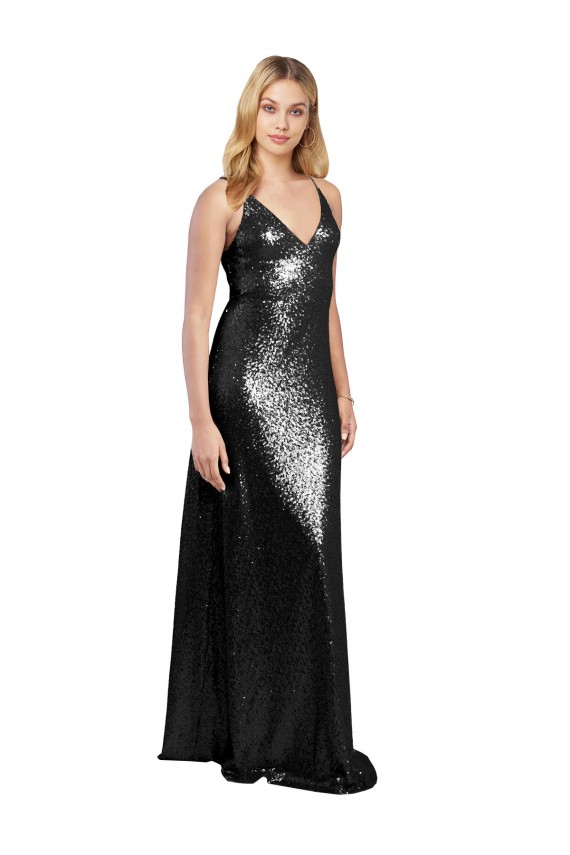 V-Neck Long Sequin Black Sleeveless Formal Evening Gown / Prom Dress / Bridesmaid Dress Victoria