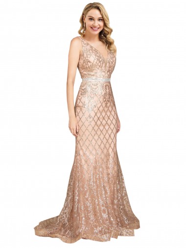 V-Neck Long Sequin & Sparkling Sequin Rose Gold Sleeveless Formal Plus Size Evening Gown / Prom Dress / Bridesmaid Dress Victoria