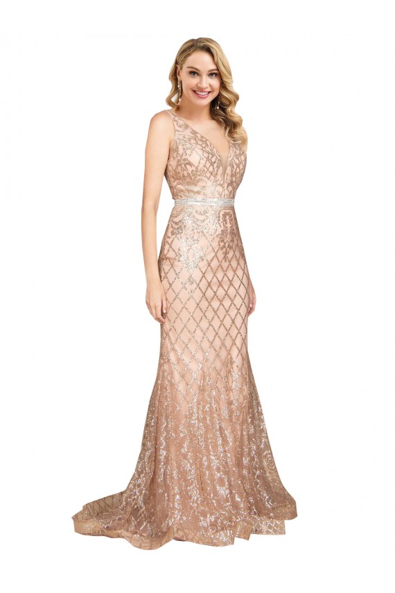 V-Neck Long Sequin & Sparkling Sequin Rose Gold Sleeveless Formal Plus Size Evening Gown / Prom Dress / Bridesmaid Dress Victoria