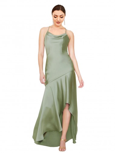 Cowl Neck Long Silk like Satin Smoke Green Sleeveless High Low Evening Gown / Prom Dress / Bridesmaid Dress Victoria