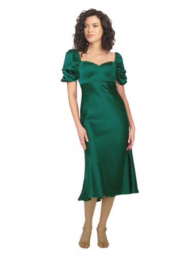 Sweetheart Midi Length Silk like Satin Hunter Short Sleeves Formal Evening Gown / Prom Dress / Bridesmaid Dress Victoria