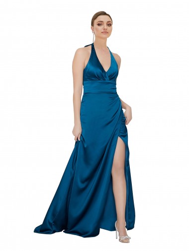 Halter Neck Long Silk like Satin Peacock Blue Sleeveless Formal Evening Gown / Prom Dress / Bridesmaid Dress Victoria