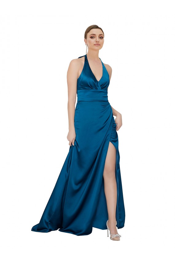 Halter Neck Long Silk like Satin Peacock Blue Sleeveless Formal Evening Gown / Prom Dress / Bridesmaid Dress Victoria