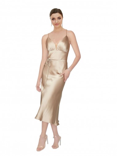 V-Neck Midi Length Silk like Satin Sleeveless Formal Evening Gown / Prom Dress / Bridesmaid Dress Victoria