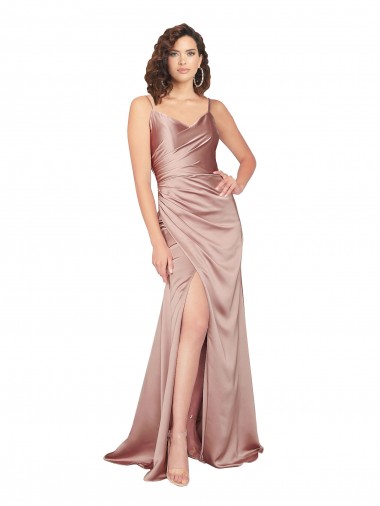 V-Neck Long Silk like Satin Dusty Pink Sleeveless Black Tie Evening Gown / Prom Dress / Bridesmaid Dress Victoria