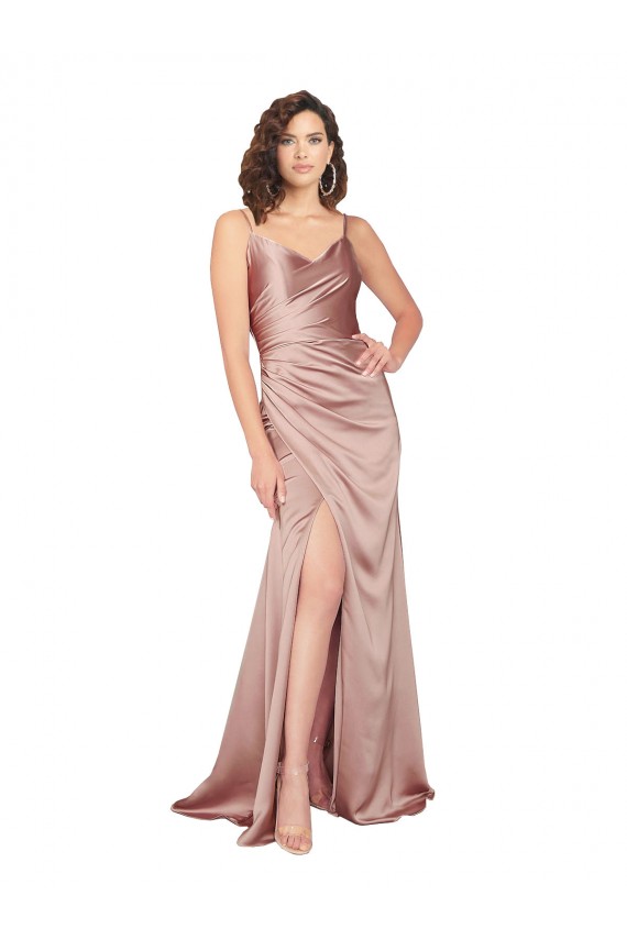 V-Neck Long Silk like Satin Dusty Pink Sleeveless Black Tie Evening Gown / Prom Dress / Bridesmaid Dress Victoria