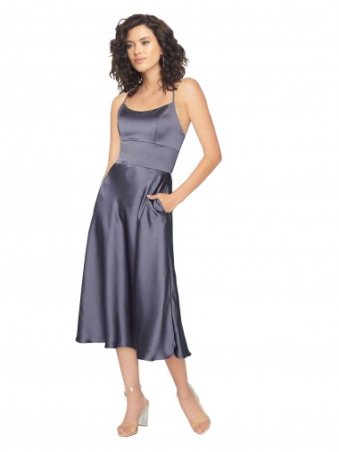 Scoop Neck Midi Length Silk like Satin Dusk Sleeveless Prom Dress / Bridesmaid Dress Victoria
