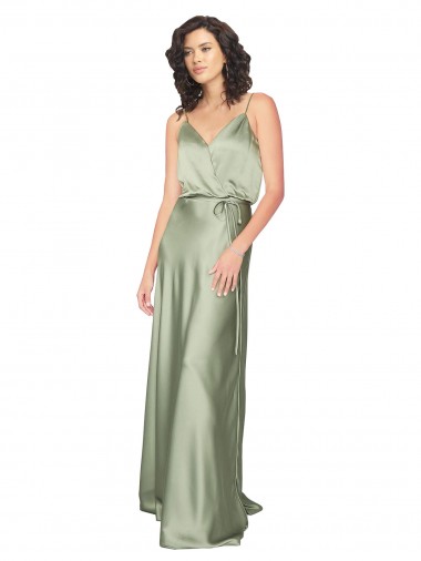 V-Neck Long Silk like Satin Smoke Green Sleeveless Formal Evening Gown / Bridesmaid Dress Victoria