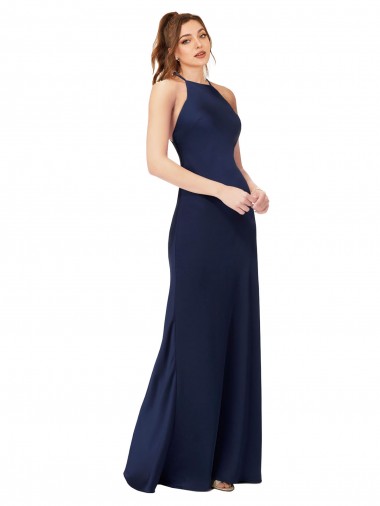 High Neck Long Silk like Satin Sapphire Sheath Sleeveless Formal Evening Gown / Prom Dress / Bridesmaid Dress Victoria