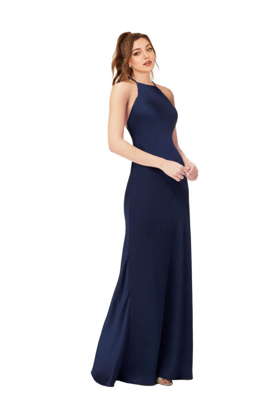 High Neck Long Silk like Satin Sapphire Sheath Sleeveless Formal Evening Gown / Prom Dress / Bridesmaid Dress Victoria
