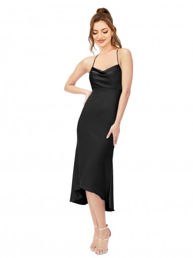 Cowl Neck Midi Length Silk like Satin Black Sleeveless High Low Evening Gown / Prom Dress / Bridesmaid Dress Victoria