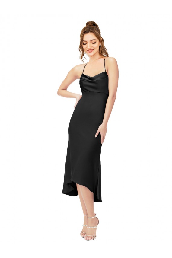 Cowl Neck Midi Length Silk like Satin Black Sleeveless High Low Evening Gown / Prom Dress / Bridesmaid Dress Victoria