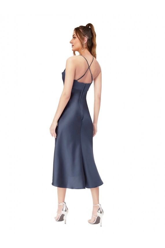 Cowl Neck Midi Length Silk like Satin Black Sleeveless High Low Evening Gown / Prom Dress / Bridesmaid Dress Victoria