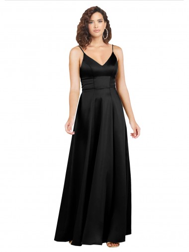 V-Neck Long Silk like Satin Black A-Line Sleeveless Formal Evening Gown / Prom Dress / Bridesmaid Dress Victoria