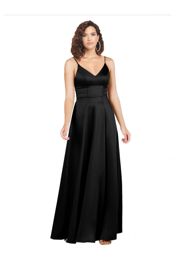 V-Neck Long Silk like Satin Black A-Line Sleeveless Formal Evening Gown / Prom Dress / Bridesmaid Dress Victoria