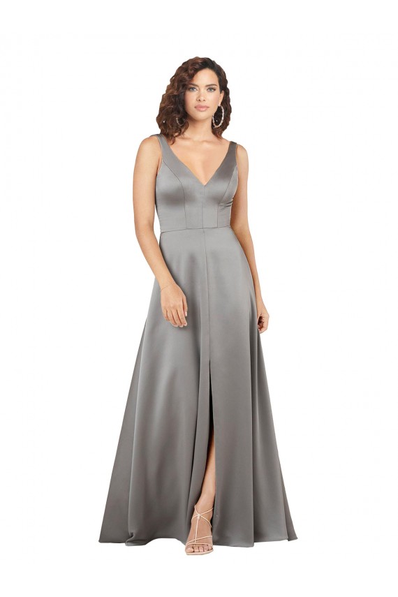 V-Neck Long Silk like Satin Pearl Grey Sleeveless Formal Evening Gown / Prom Dress / Bridesmaid Dress Victoria