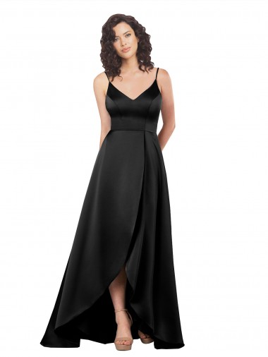 V-Neck Long Silk like Satin Black Sleeveless High Low Evening Gown / Prom Dress / Bridesmaid Dress Victoria