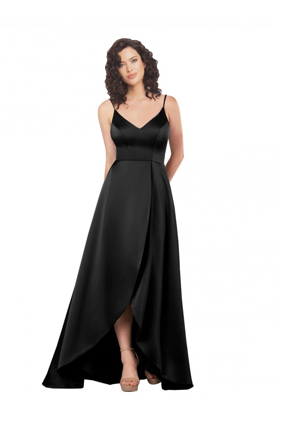 V-Neck Long Silk like Satin Black Sleeveless High Low Evening Gown / Prom Dress / Bridesmaid Dress Victoria