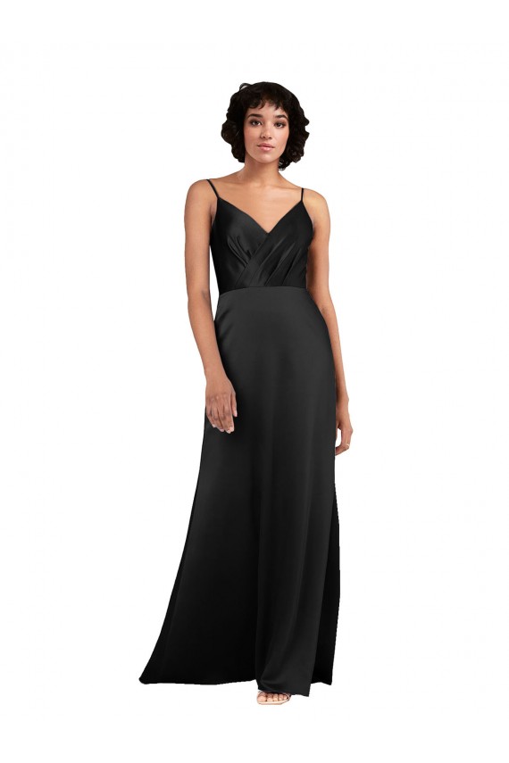 V-Neck Long Silk like Satin Black Column Sleeveless Formal Evening Gown / Prom Dress / Bridesmaid Dress Victoria