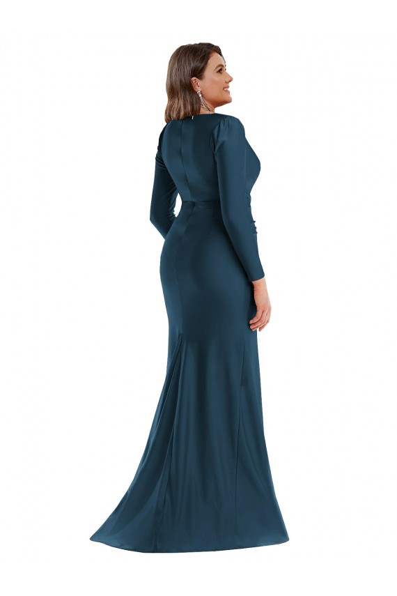 V-Neck Long Silk like Satin Atlantic Blue Long Sleeves Formal Plus Size Evening Gown / Prom Dress / Bridesmaid Dress Victoria