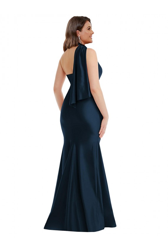 Halter Neck Long Silk like Satin Dark Navy Sleeveless Formal Plus Size Evening Gown / Prom Dress / Bridesmaid Dress Victoria